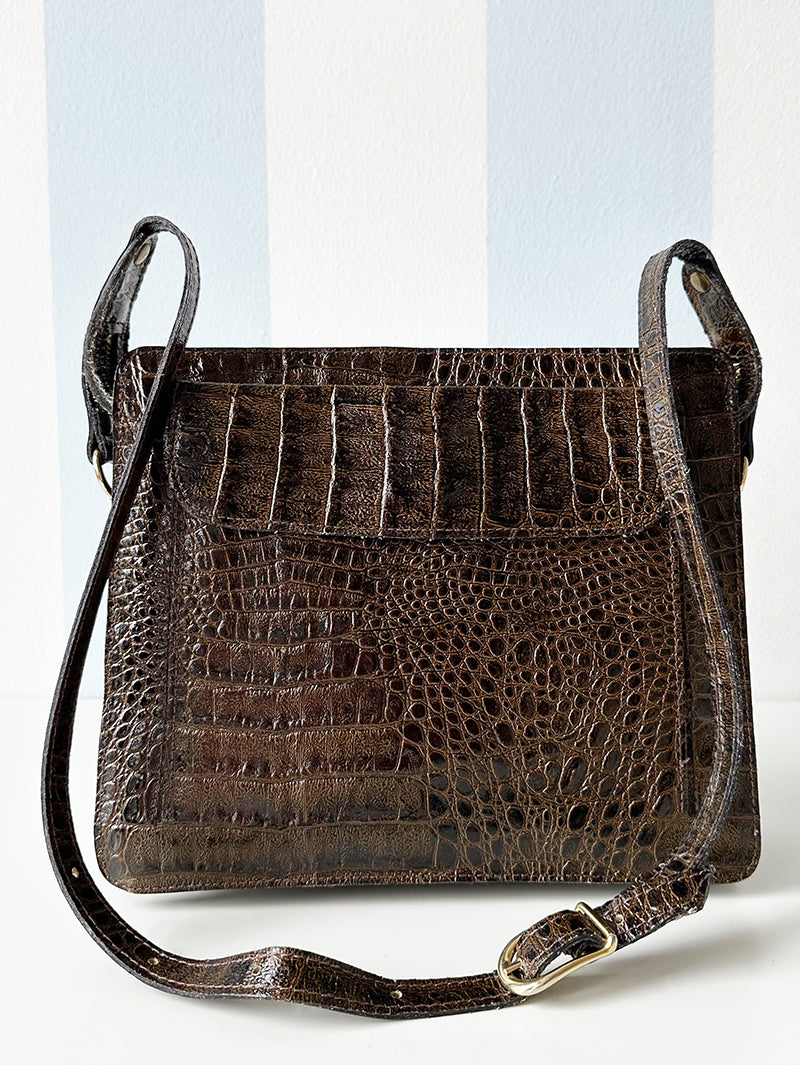 70s bruine kroko leren schoudertas