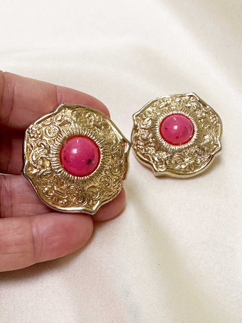 Grote goud & roze clip oorbellen