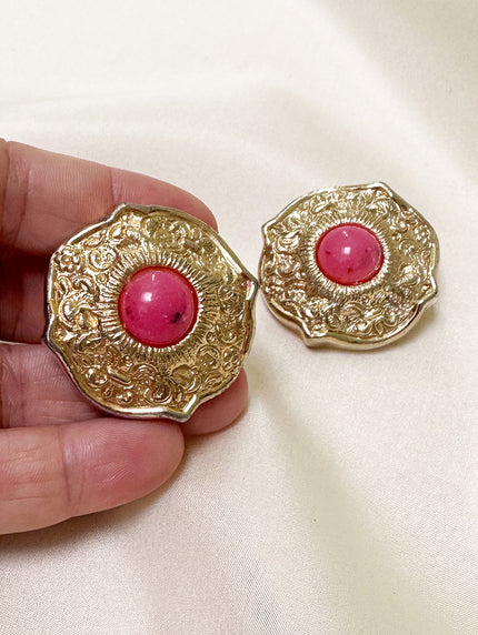 Grote goud & roze clip oorbellen