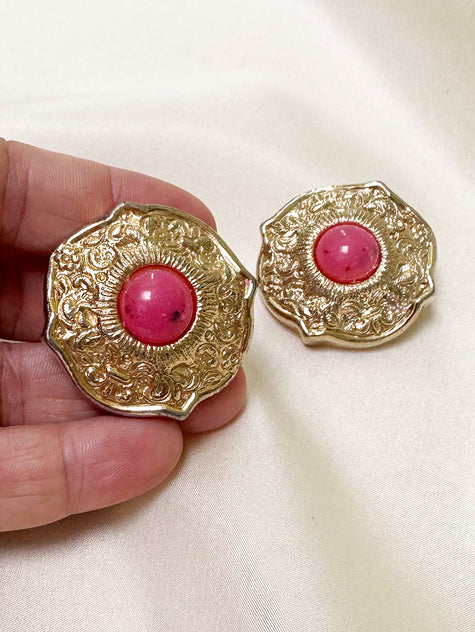 Grote goud & roze clip oorbellen