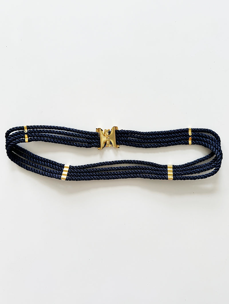 Donkerblauwe ceintuur met gouden blaadjes