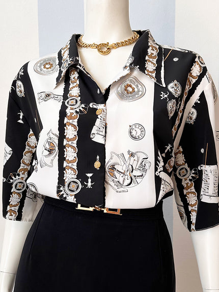 Blouse met bladmuziek en muziekinstrumenten