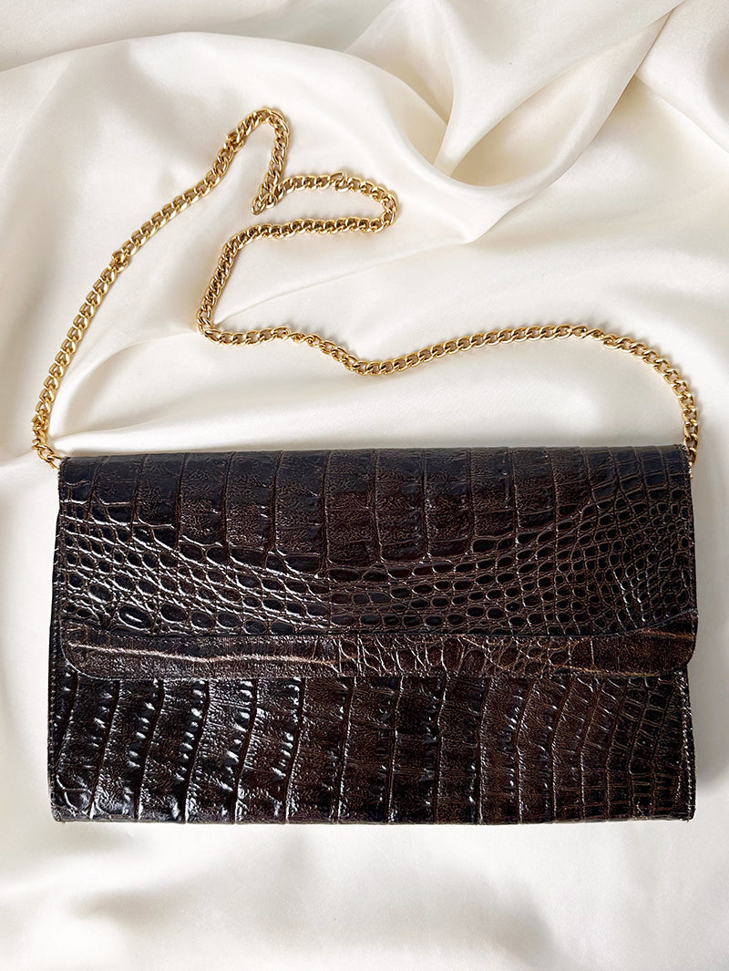 Donkerbruine kroko clutch