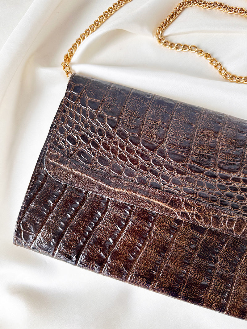 Donkerbruine kroko clutch
