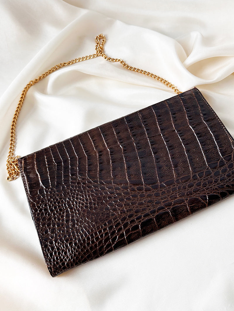 Donkerbruine kroko clutch