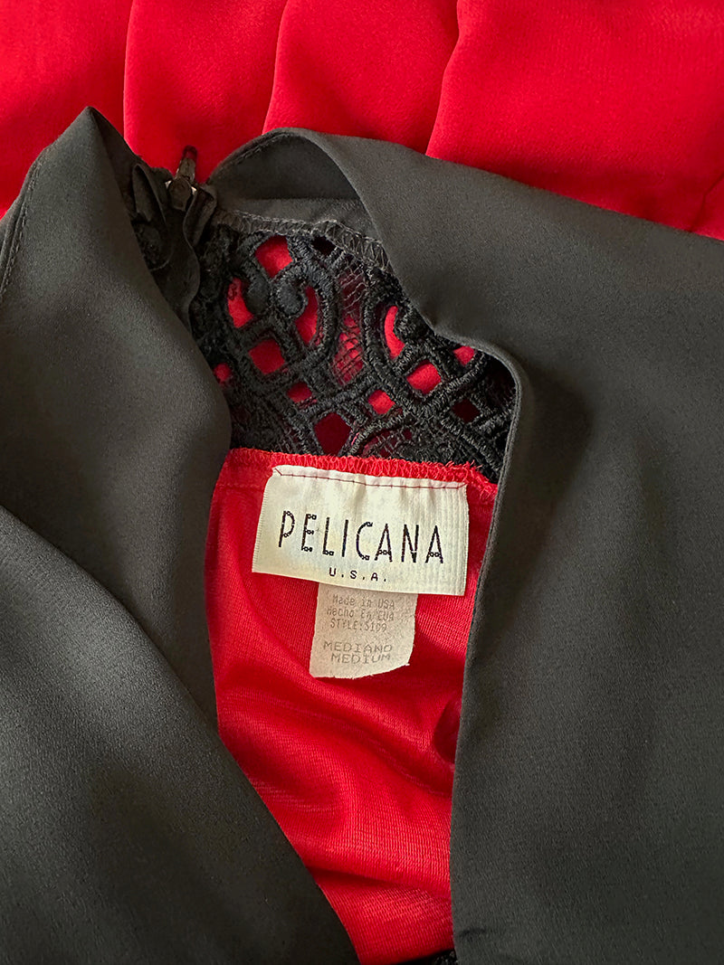 Zwart/rode maxijurk met kant