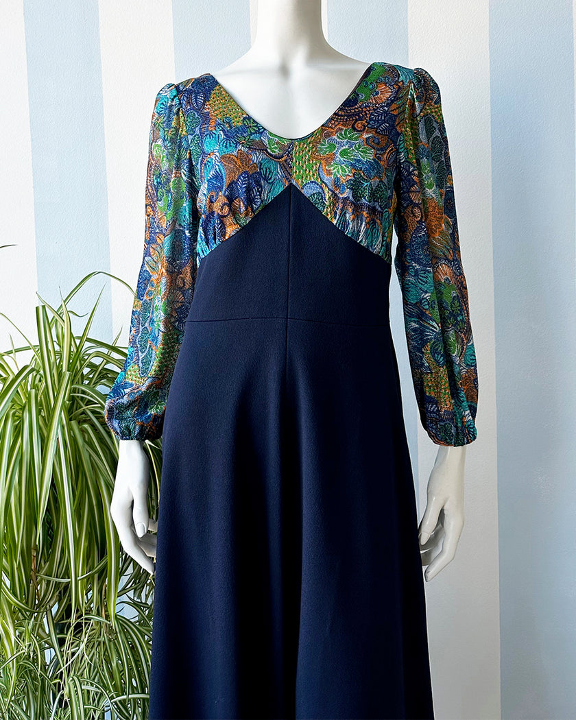 Blauwe 70s Trevira maxijurk