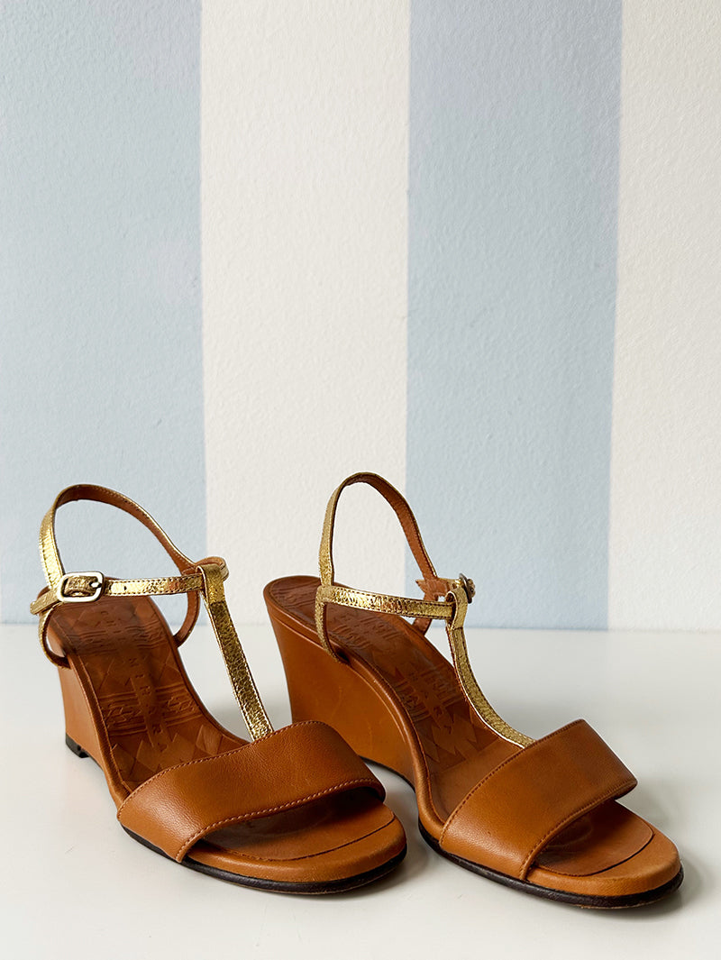 Goud/bruine leren wedges | 36,5