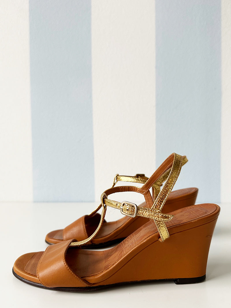 Goud/bruine leren wedges | 36,5