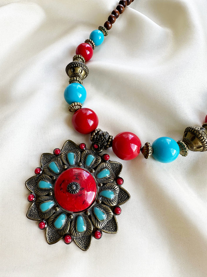 Grote rode & turquoise ketting