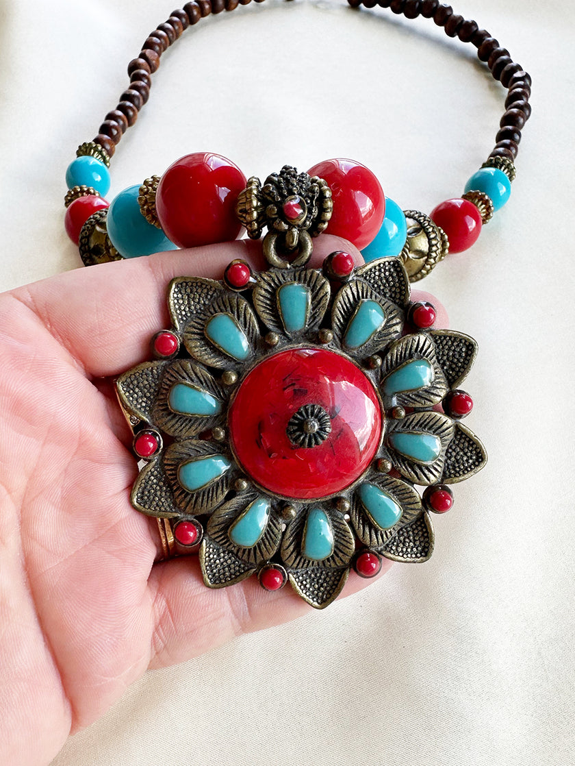 Grote rode & turquoise ketting