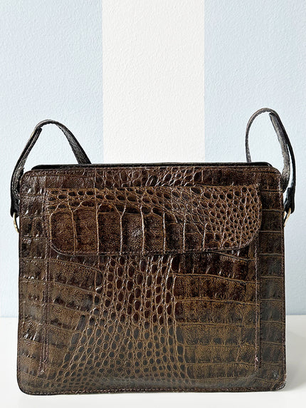 70s bruine kroko leren schoudertas