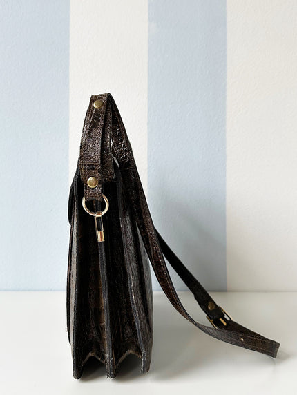 70s bruine kroko leren schoudertas