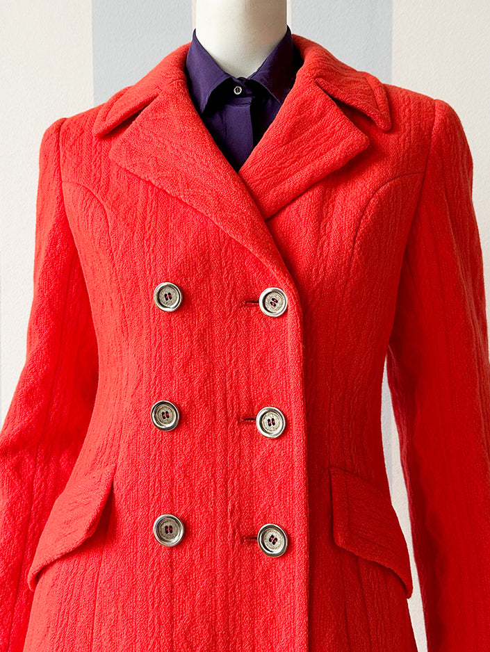 70s neon-oranje/rode wollen wintermantel