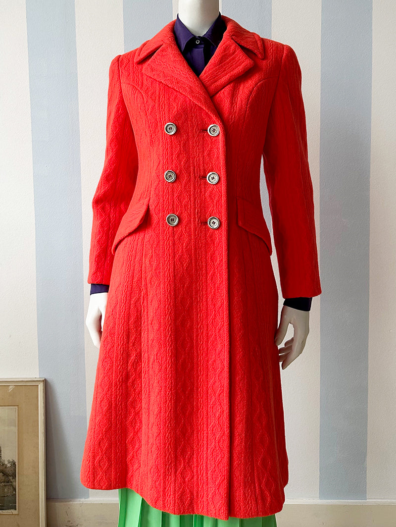 70s neon-oranje/rode wollen wintermantel