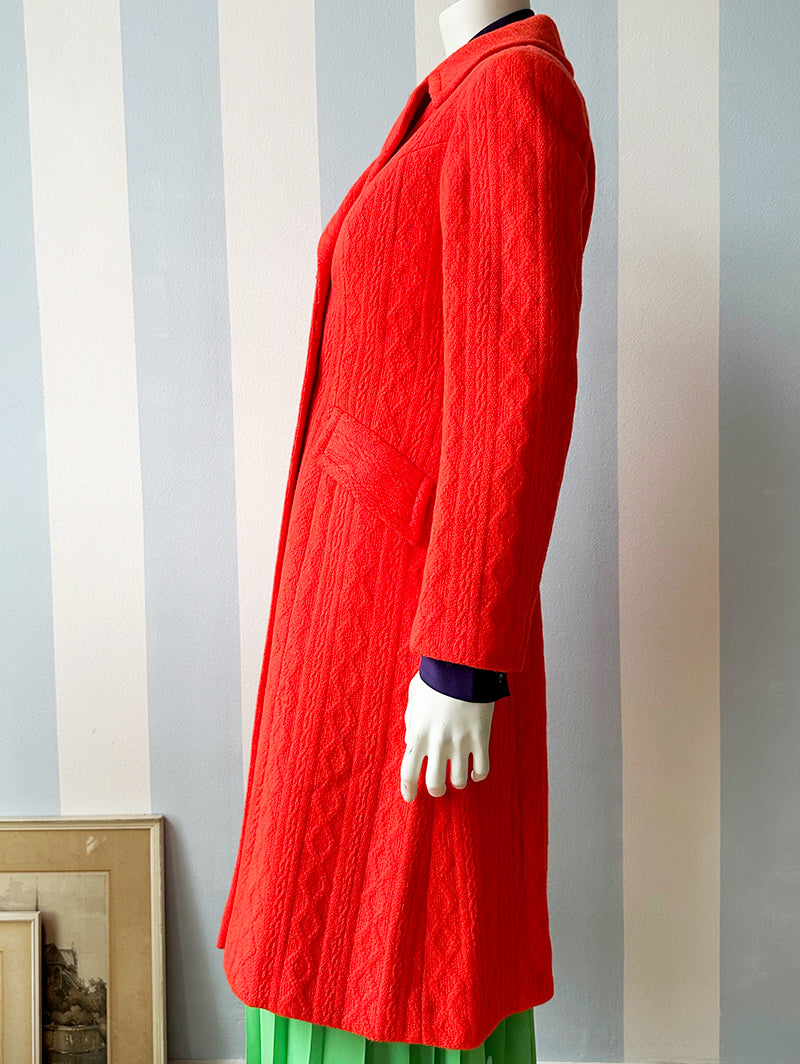 70s neon-oranje/rode wollen wintermantel
