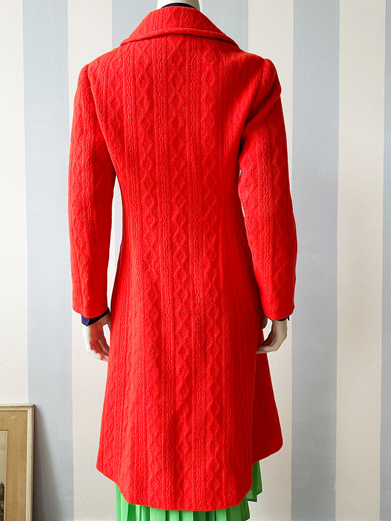 70s neon-oranje/rode wollen wintermantel