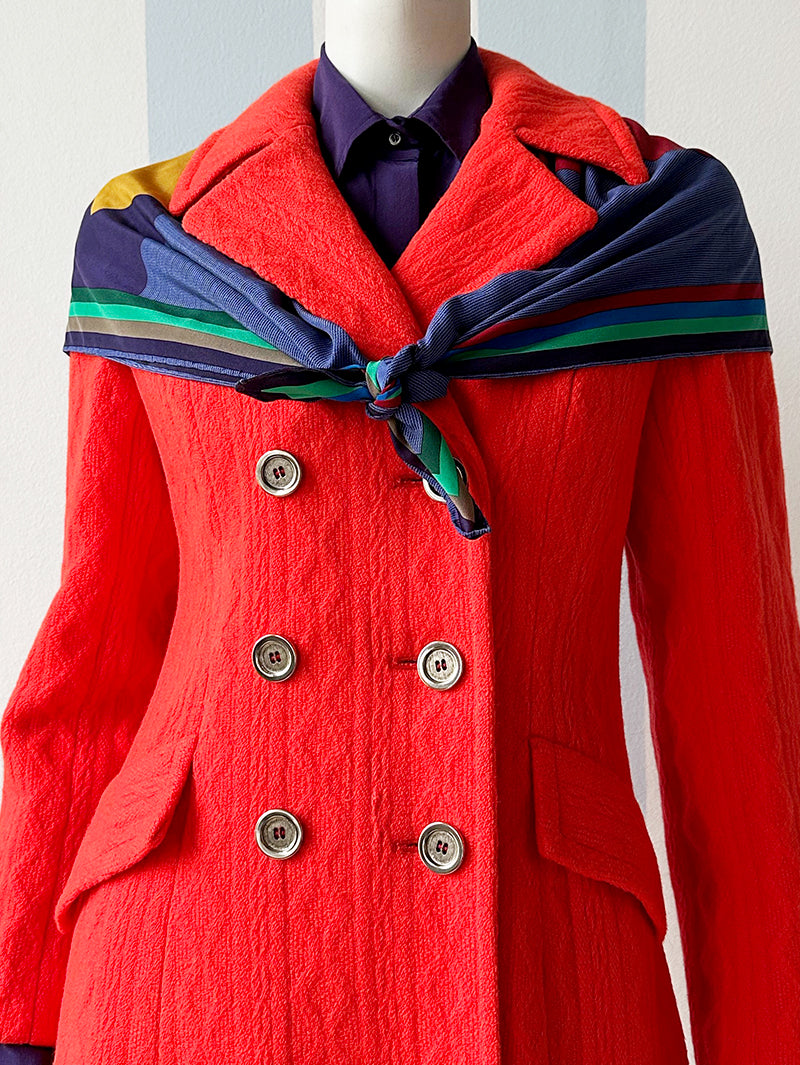 70s neon-oranje/rode wollen wintermantel