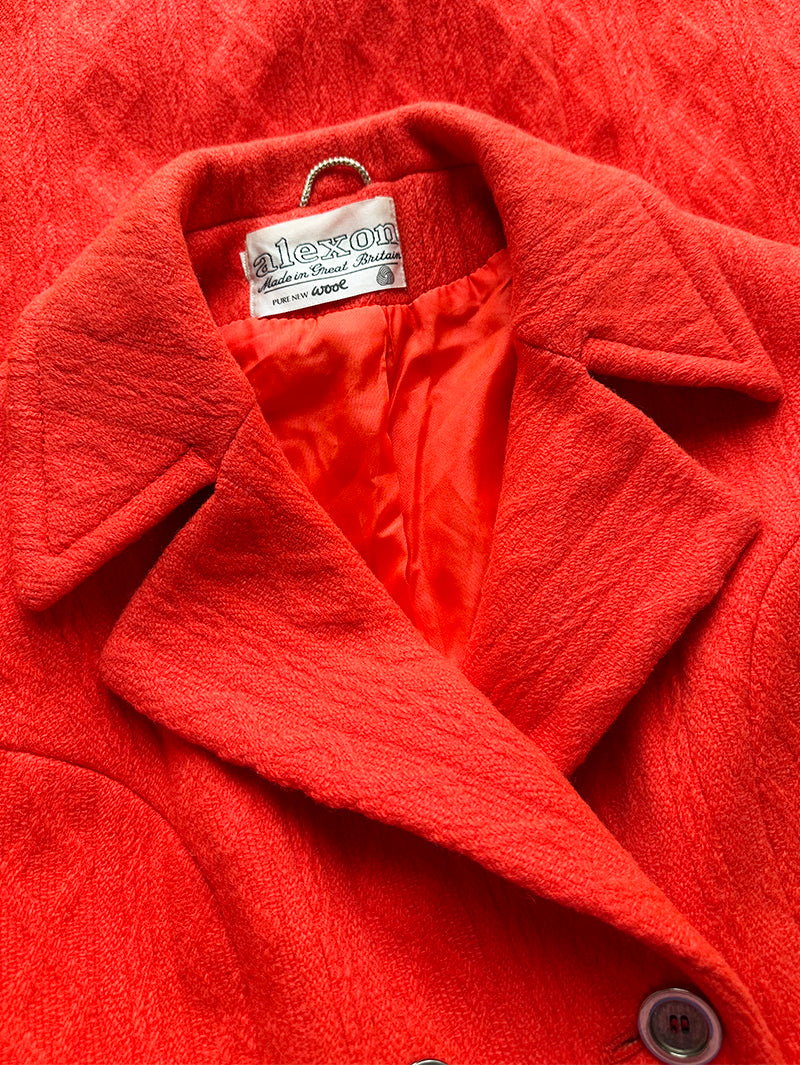 70s neon-oranje/rode wollen wintermantel