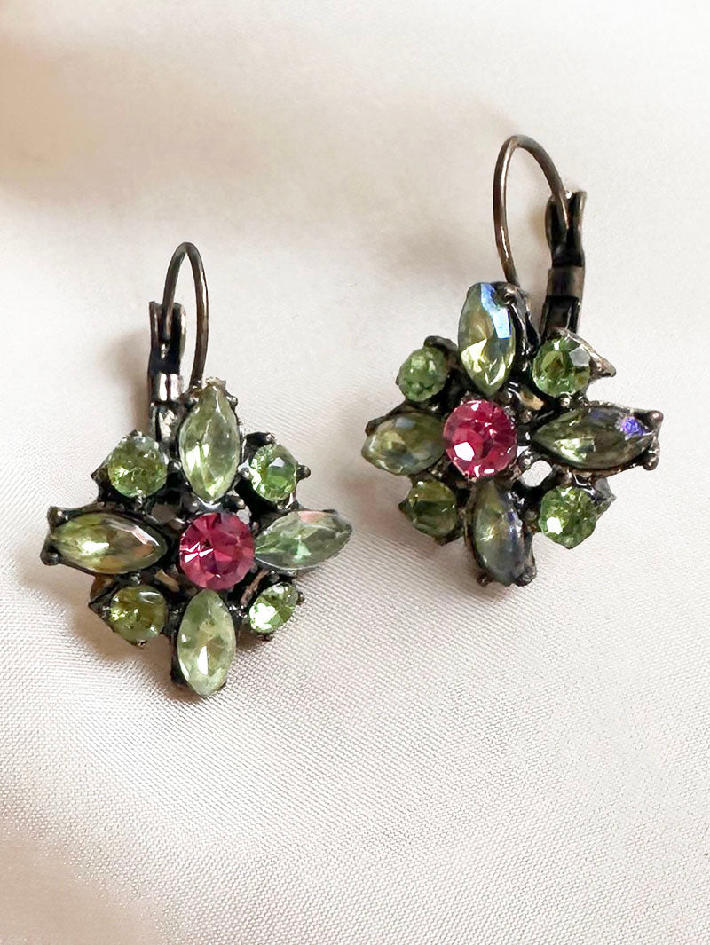 Groen/roze strass oorhangers