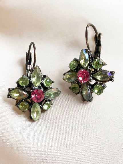 Groen/roze strass oorhangers