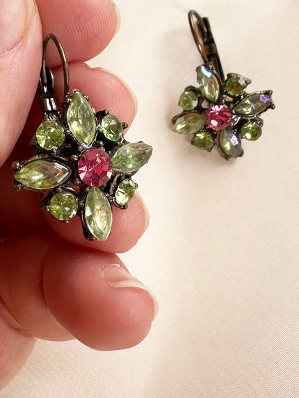 Groen/roze strass oorhangers