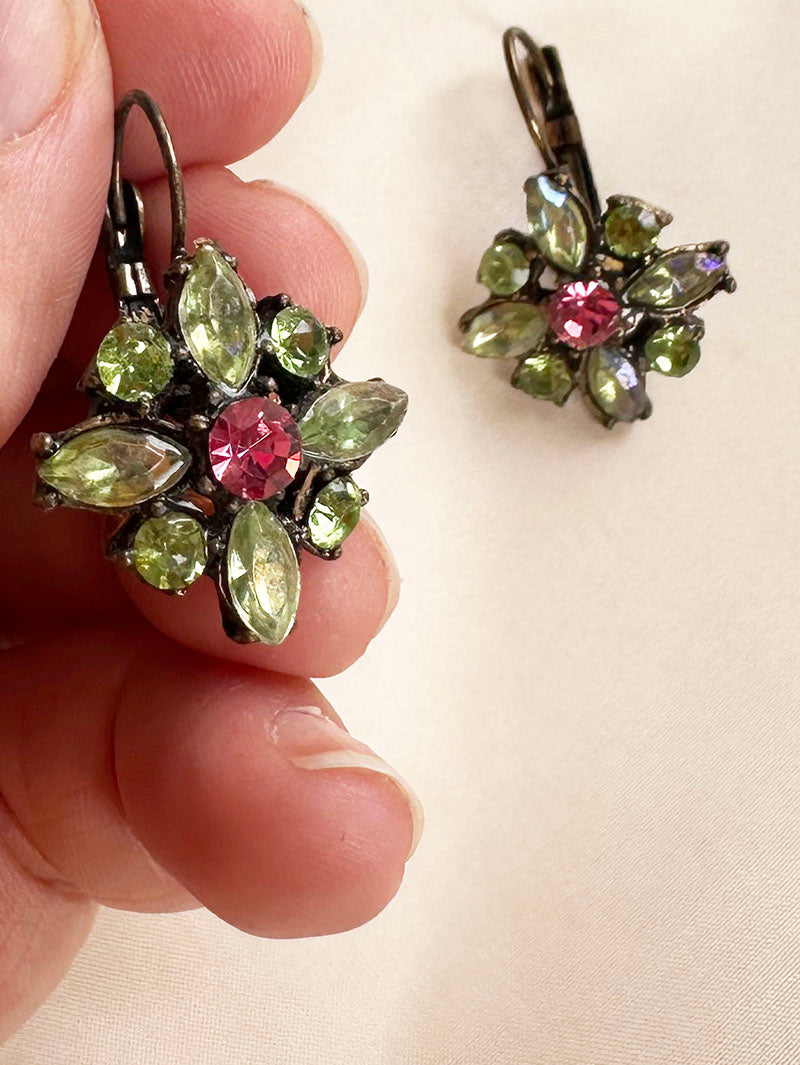 Groen/roze strass oorhangers