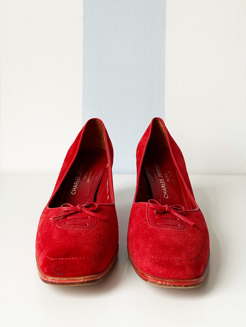 Roze suede pumps met strikje | 40.5