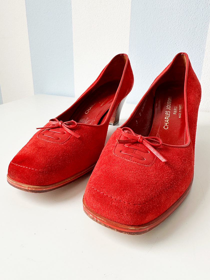Roze suede pumps met strikje | 40.5