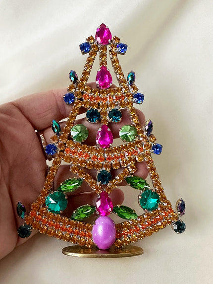 Kristalglazen oranje/roze staande kerstboom met uraniumglas