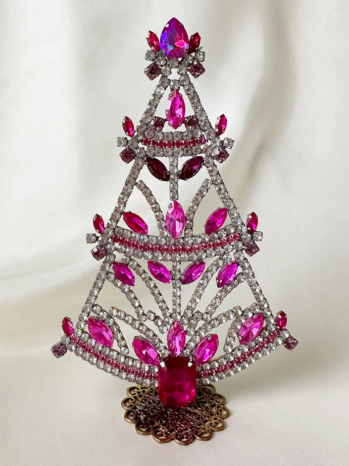 Fuchsia/witte kristalglazen staande kerstboom