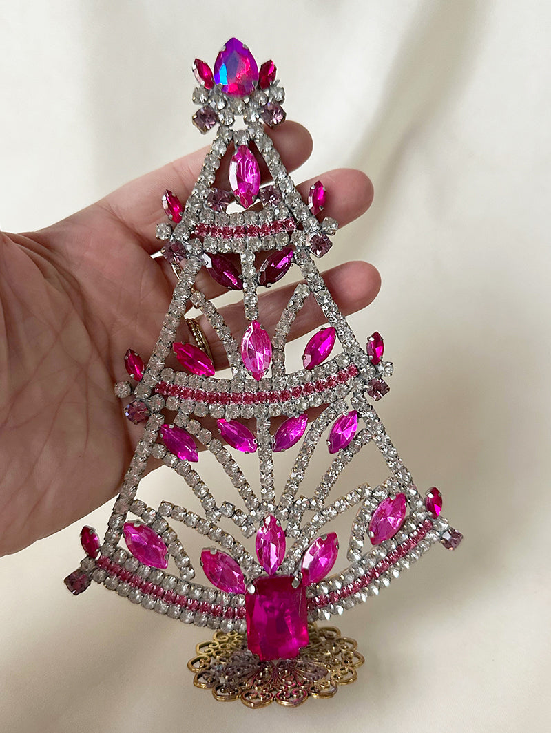 Fuchsia/witte kristalglazen staande kerstboom