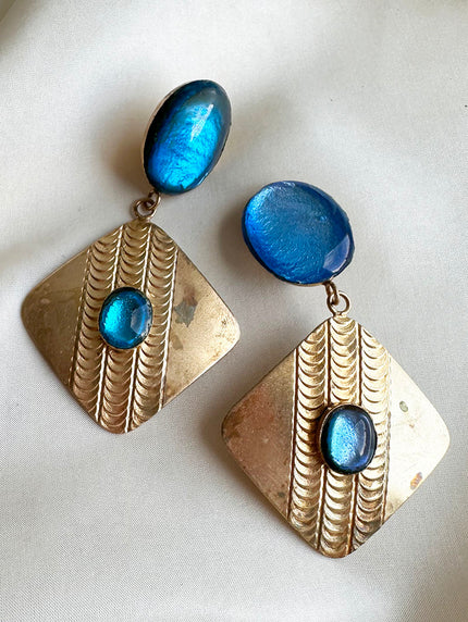 Blauw/gouden clip oorbellen