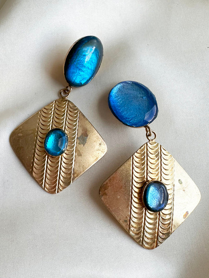 Blauw/gouden clip oorbellen