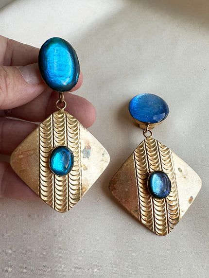 Blauw/gouden clip oorbellen