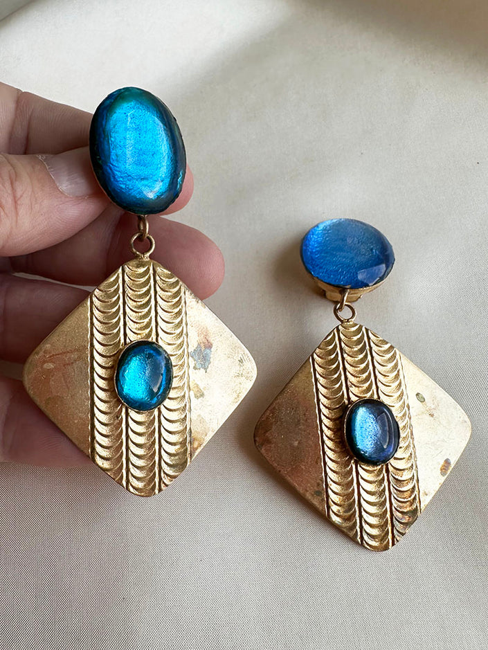 Blauw/gouden clip oorbellen