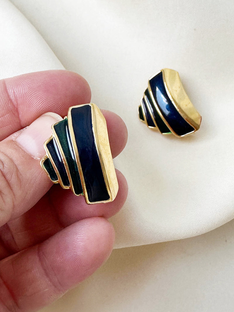 Blauw/groen gesigneerde clip oorbellen