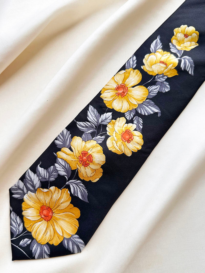Zwarte zijden floral stropdas