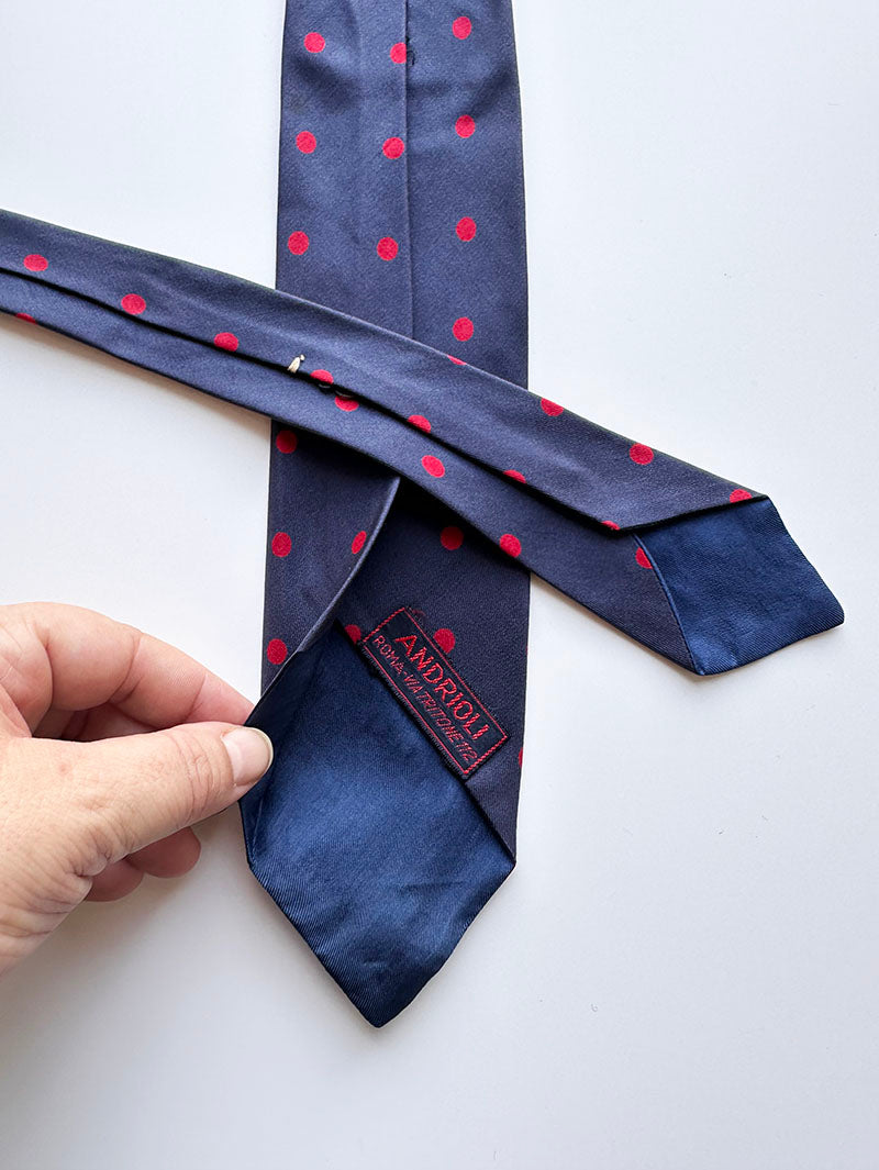 Smalle blauwe/rode zijden polkadot stropdas