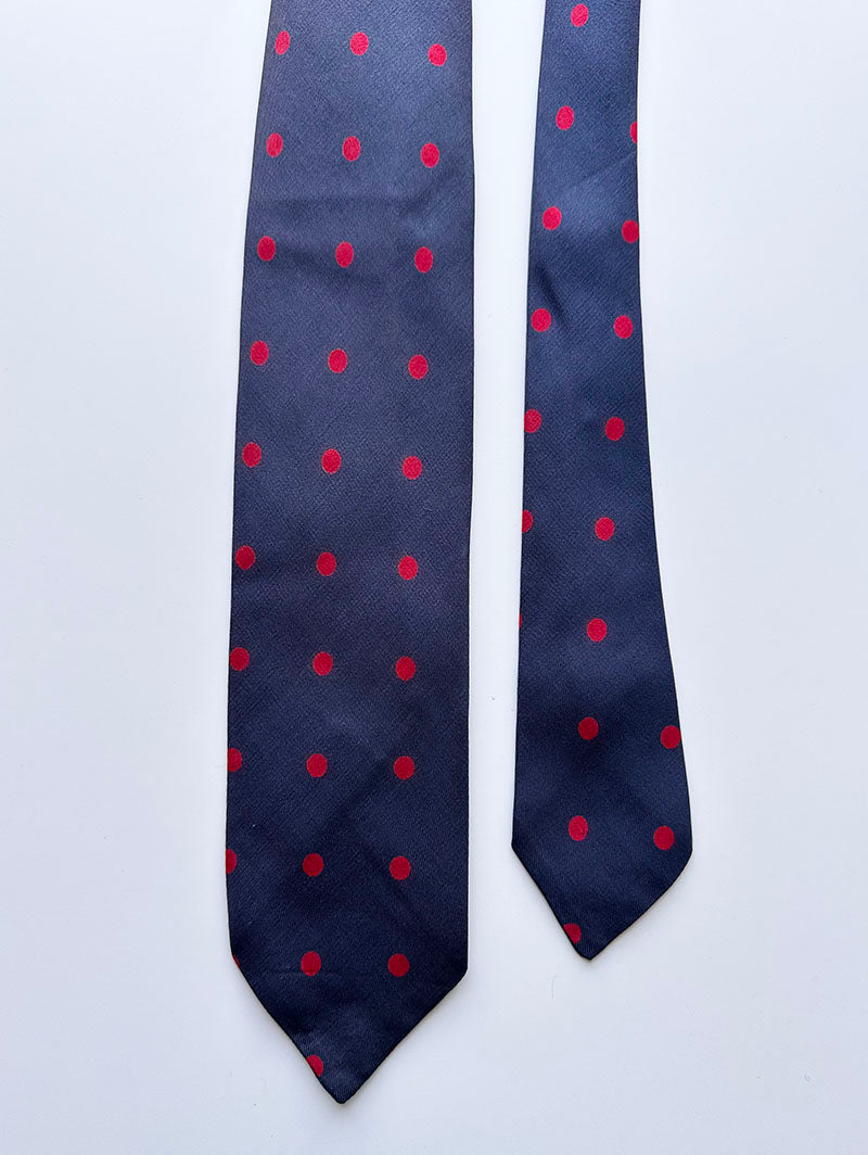 Smalle blauwe/rode zijden polkadot stropdas