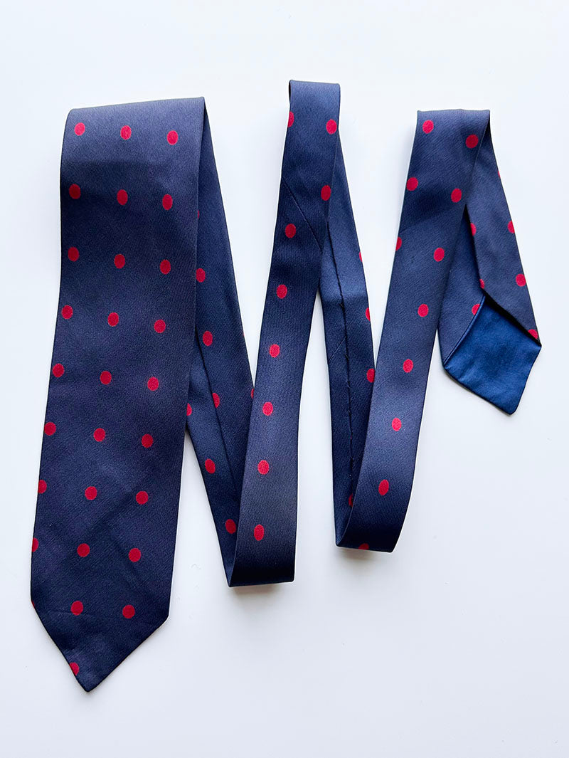 Smalle blauwe/rode zijden polkadot stropdas
