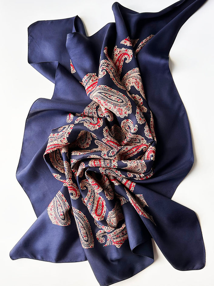 Grote donkerblauwe zijden paisley sjaal