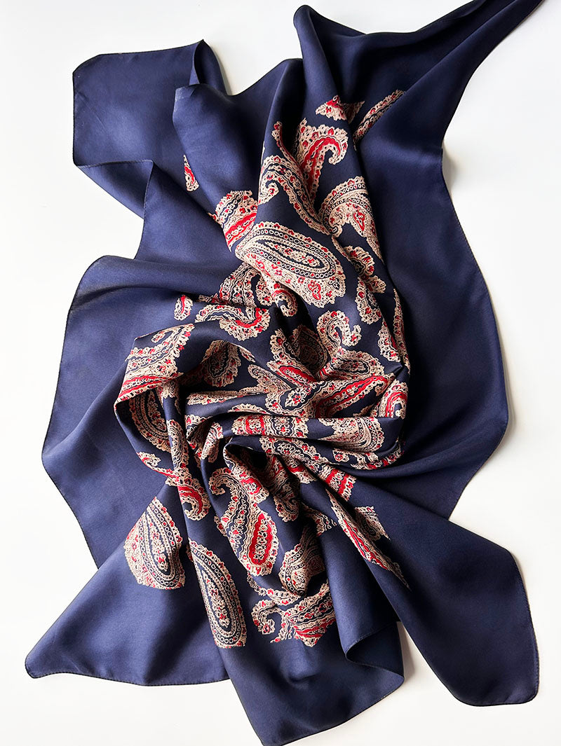Grote donkerblauwe zijden paisley sjaal