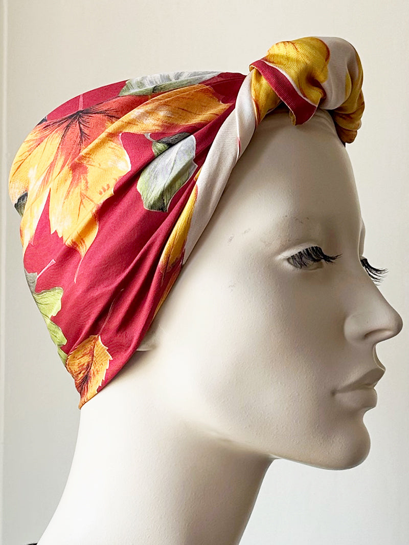 Zijden Bonbons turban met herfstbladeren