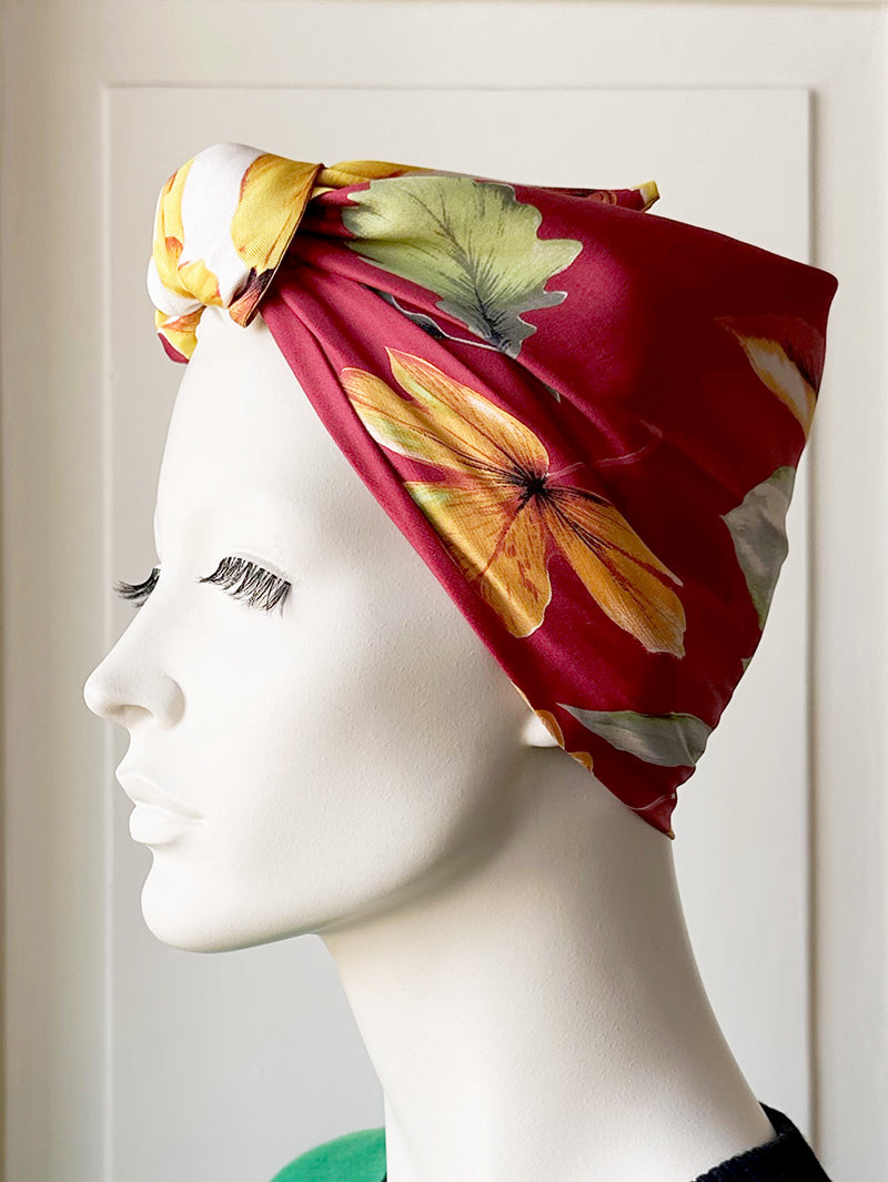 Zijden Bonbons turban met herfstbladeren