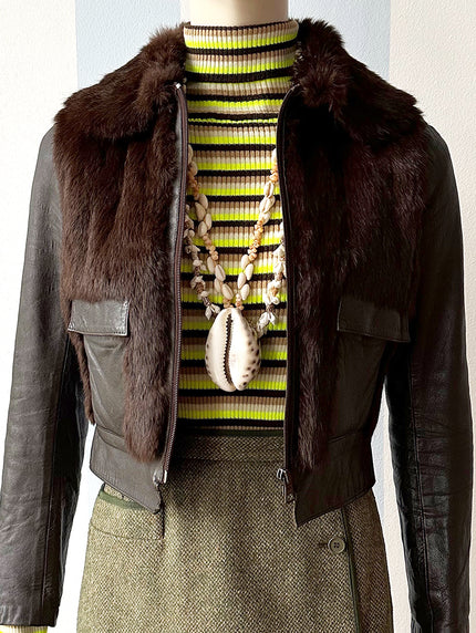 Bruin 70s leren jasje met bont