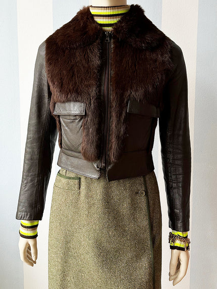 Bruin 70s leren jasje met bont
