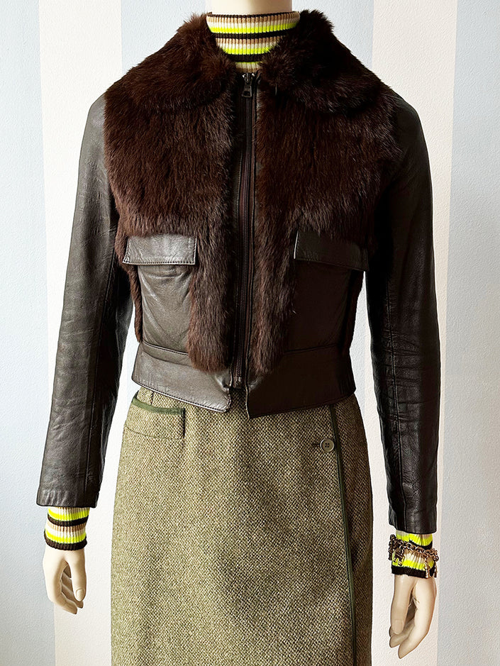 Bruin 70s leren jasje met bont