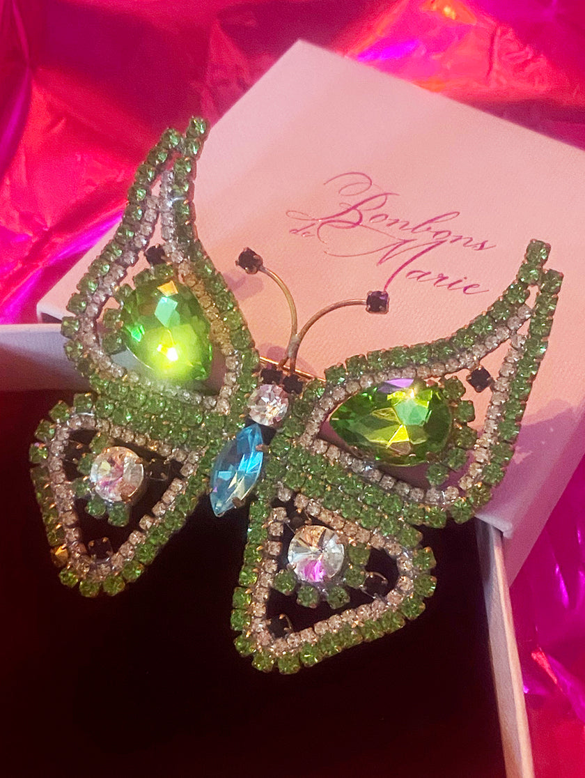 Groene kristalglazen vlinder broche