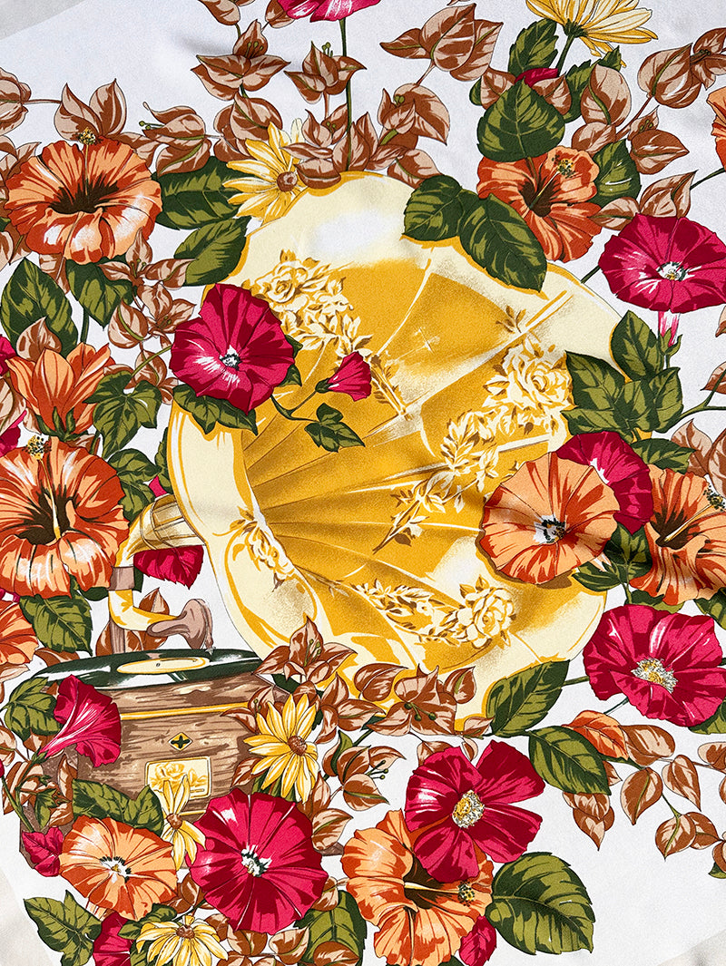 Zijden designer sjaal met grammofoon en bloemen